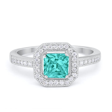Halo Accent Engagement Ring Simulated Paraiba Tourmaline CZ 925 Sterling Silver